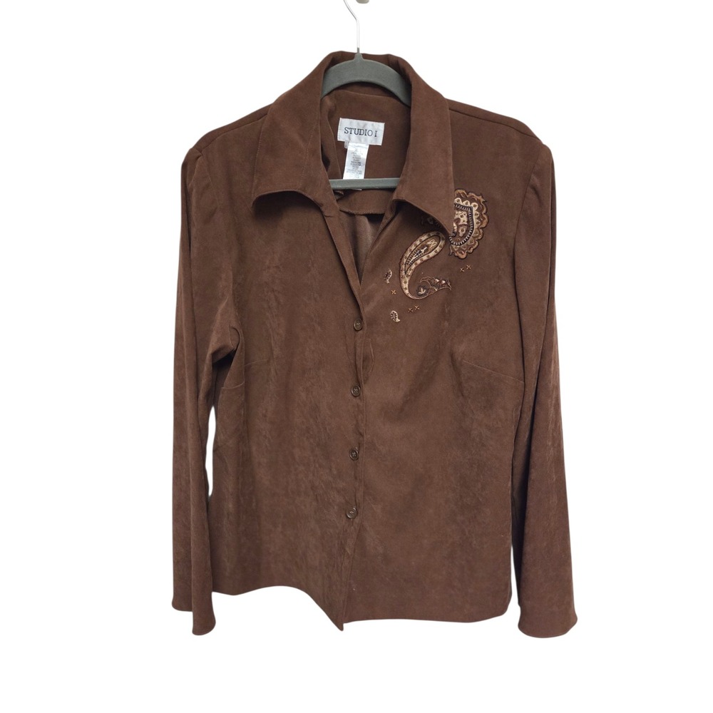 Studio I‎ Embroidered Western Shirt Brown Button Up Top Size 16